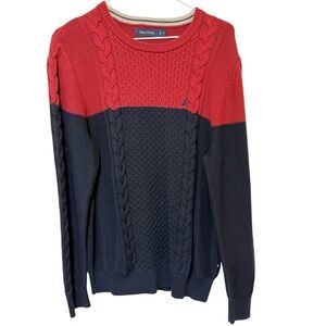 Nautica Mens Chunky Cable Knit Sweater Medium Fisherman Nautical Preppy Red Blue